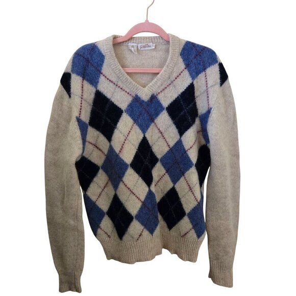 Goldwaters Vintage Pure Virgin Wool 80s Argyle V Neck Sweater Size XL - Picture 1 of 4
